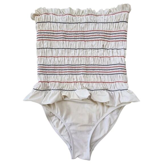 TORY BURCH WOMEN SWIMSUIT ONE PIECE STRAPLESS SMOCKED RED WHITE BLUE 4TH OF JULY - Picture 1 of 8